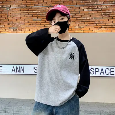 Boys Long Sleeve T-Shirt Grey Black Cotton 2025
