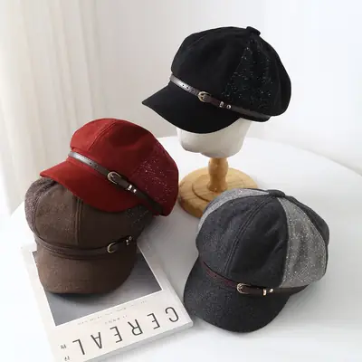 Women British Style Leather Buckle Cap Red Grey