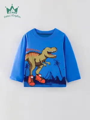 Blue Dinosaur Print Kids T-Shirt Long Sleeve Round Neck