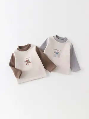 Boys Cotton Fleece Long Sleeve T-Shirt Gray Cartoon Print