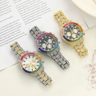 Cross-Border Creative Colored Diamond Starry Sky Steel Band Diamond Watch Three-Eye Fashion Decorative Calendar Women's Watch Full Diamond Steel Band Quartz Watch