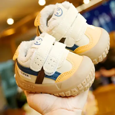 Toddler Shoes Winter Fleece-Lined Thickeneded Beginner Baby Shoes 1-2 Years Old Baby Shoes Soft Sole Anti-Slip Stripes