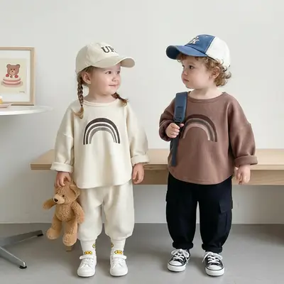Kids Korean Style T-Shirt Brown White Cap Set