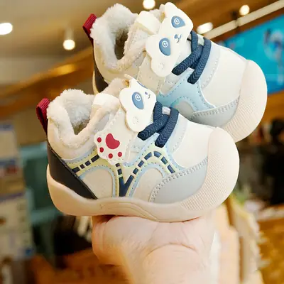 Toddler Shoes Winter Fleece-Lined Thickeneded Beginner Baby Shoes 1-2 Years Old Baby Shoes Soft Sole Anti-Slip Cartoon