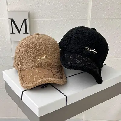 Women's Warm Wool Cap Beige Rhinestone Lettered