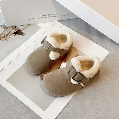 Children's Birkenstock Shoes, Baby Girl's Cotton Shoes, Winter Baby Toddler Shoes, Soft Soles, 1-3 Years Old, Fleece-Lined Warm Men's Furry Shoes