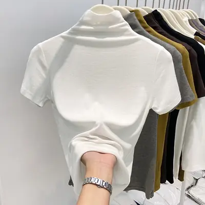 Soft and Waxy High-End Half Turtleneck Short-Sleeved T-Shirt, Feminine Early Autumn 2025 New Bottoming Shirt, Slim Inner Top