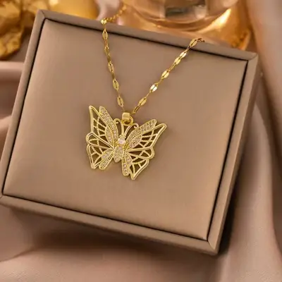 Golden Butterfly Necklace with Micro-Inlay Design