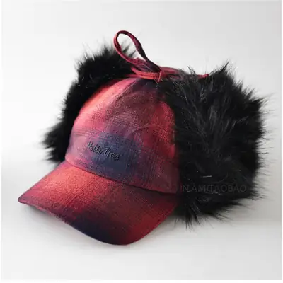 Winter Plaid Fur Cap for Men Women Red Black
