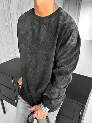 Men's New Corduroy Sweatshirt Brown Round Neck Long Sleeve