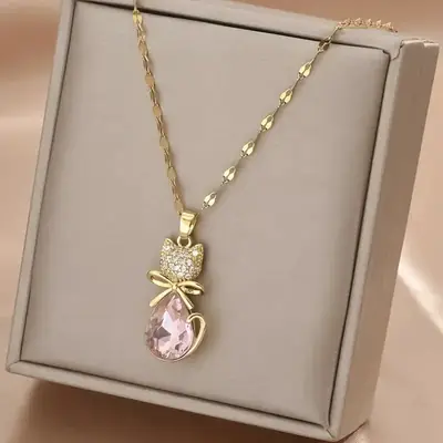 Gold Plated Pink Zircon Bow Princess Cat Necklace
