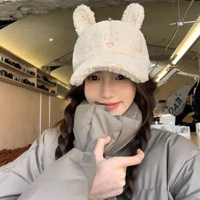 Sweet Rabbit Ear Wool Cap for Women Winter Warm Face