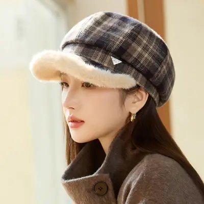 Women Plaid Warm Hat with Fur Trim Winter Face Cover