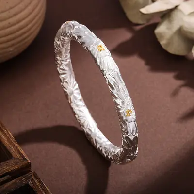 Silver-Plated White Copper Bracelet with Hammered Texture, Gold Peony, Versatile Closed Bracelet, Embossed Youthful Bracelet, Thick Style, Chinese Style Craftsmanship