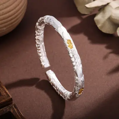Silver-Plated White Copper Bracelet with Hammered Texture, Gold Peony, Versatile Open Bracelet, Embossed Youthful Bracelet, Thick Style, Chinese Style Heavy Craftsmanship