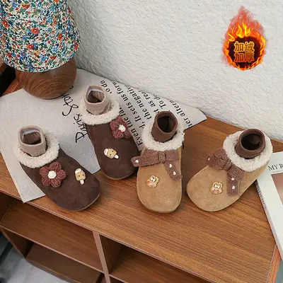 Korean Style Baby Girl's Velvet Warm Cotton Shoes 2025 Winter New Baby Shoes Children's Birkenstock Shoes Soft-Soled Cotton Shoes