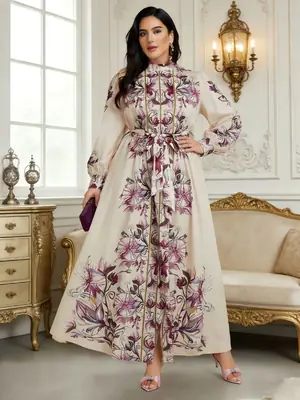 Cross-Border Plus-Size Dress: Early Spring Stand-Collar Floral Print Court-Style Lantern Sleeve Waist-Cinching Dress