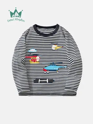 Kids Airplane Print Long Sleeve T-Shirt Black White Striped