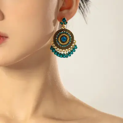 Round Full Diamond Pearl Tassel Earrings, Exotic Crystal Long Ethnic Style Beaded Gold Earrings, Travel Street Photography