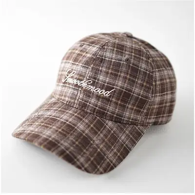 Men Plaid Baseball Cap Brown Embroidered