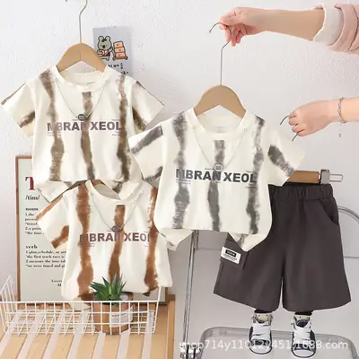 Trendy Boys Tie-Dye Shorts Set Brown White