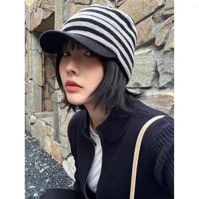 Striped Knit Baseball Cap for Women Retro Style