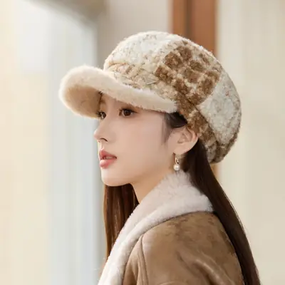 Women Plush Plaid Duck Cap Autumn Winter Sun Hat