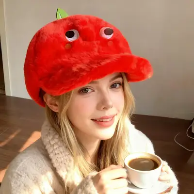 Cute Red Apple Plush Hat for Women Winter Warm