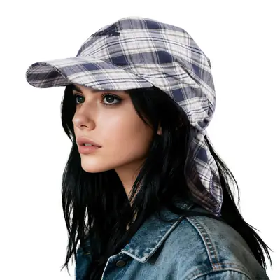 Women Plaid Tie-Up Brim Hat Summer Letter Embroidered Baotou