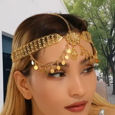 Dunhuang Feitian Sequin Tassel Hair Chain for Women Exotic Travel Photo Rhinestone Flower Tassel Golden Headdress
