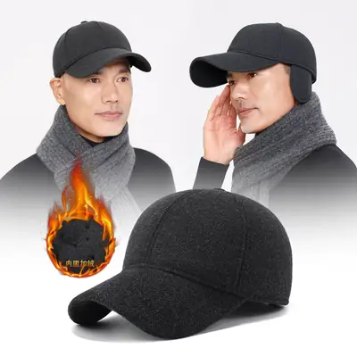 Winter Wool Ear Protection Cap for Men Women Black