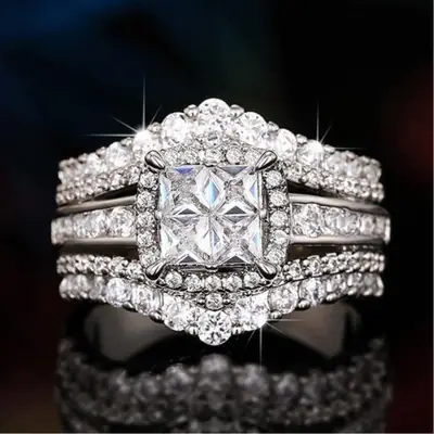 Cross-Border Double Layer Diamond Ring Square Spliced