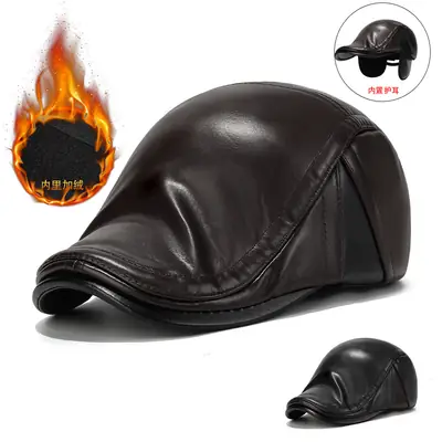 Black Leather Duckbill Cap for Men Elderly Cold Proof