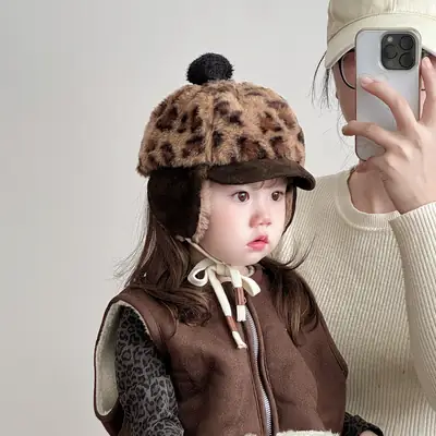 Baby Winter Plush Hat with Leopard Print Ear Protection