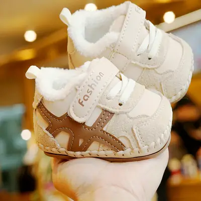 Baby Shoes Soft Sole Non-Slip Winter Fleece-Lined Thickeneded Beginner Baby Shoes 0-1 Years Old Toddler Shoes Stripes