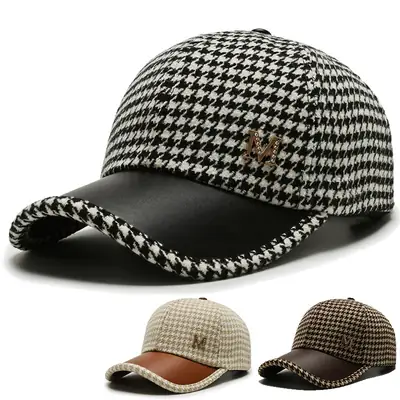 Korean Houndstooth Logo Baseball Cap for Women Winter