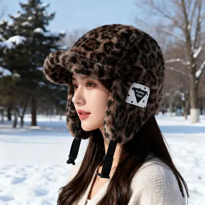 Winter Leopard Print Plush Flight Hat for Men
