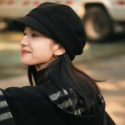 Women Black Wool Beret Peaked Cap Winter Warm
