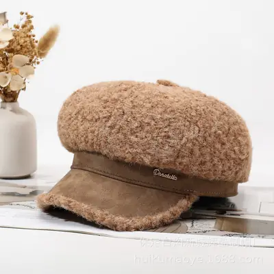 Black Plush Octagonal Beret for Women Winter Warm