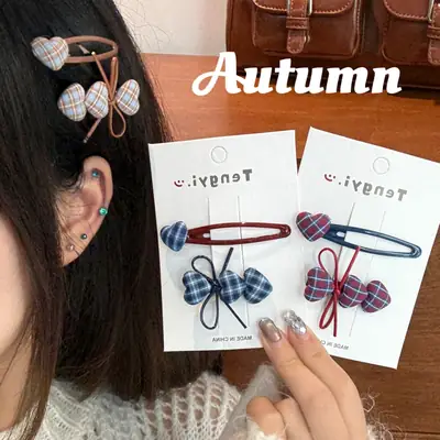 New College Style Cute Plaid Heart Hairpin for Girls Versatile Duckbill Clip Retro Broken Hair Bangs Clip Side Clip