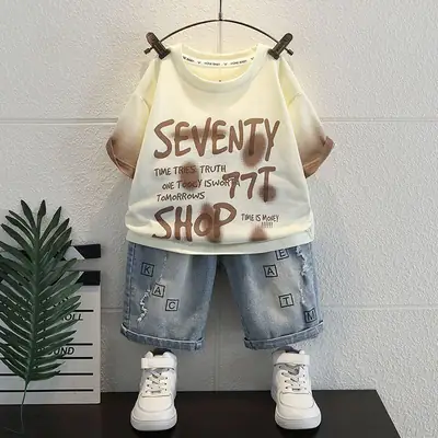 Boys 2Pc Letter T-Shirt Shorts Set White Grey