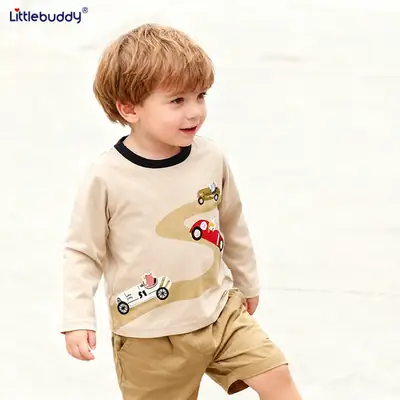 Kids Cotton T-Shirt Car Print Round Neck Long Sleeve