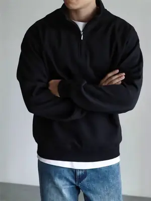 Men Black Heavyweight Half-Zip Sweatshirt Jacket
