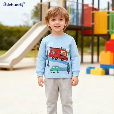 Kids Cotton T-Shirt Set Blue Car Print Casual Winter