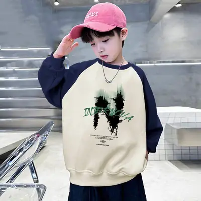 New Kidsren's Letter Long Sleeve Velvet T-Shirt Cream Blue
