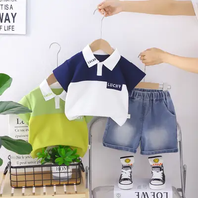 Boys Navy Blue White Polo Shorts Set Summer