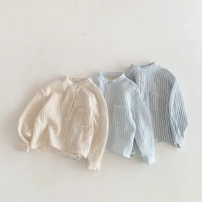 Loose Fitting Linen Striped Long Sleeve T-Shirt for Boys