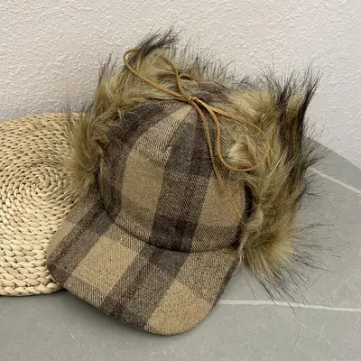 2026 Plaid Baseball Cap with Fur Trim for Warmth