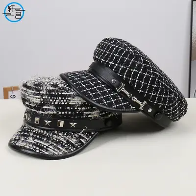 Black White Plaid Duckbill Cap with Metal Buckles