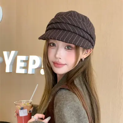 Women Striped Duckbill Cap Autumn Winter Warm Beret